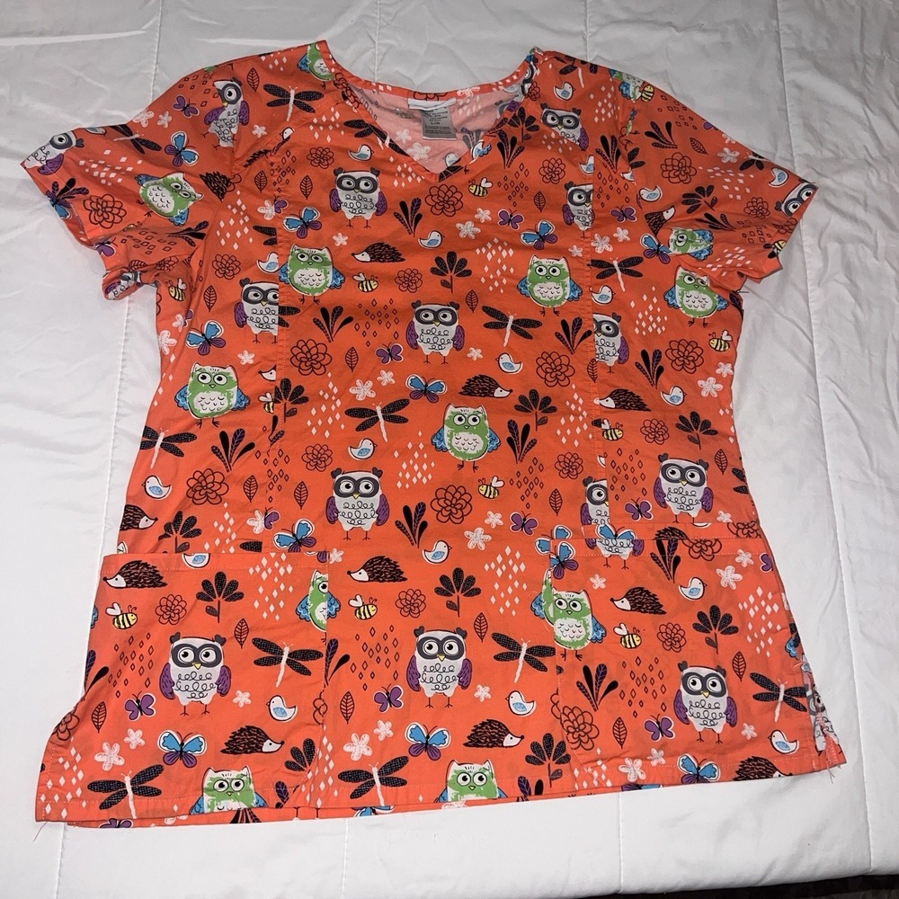 Scrubstar Scrub Top Medical Uniform Large Owls Butterflies Orange